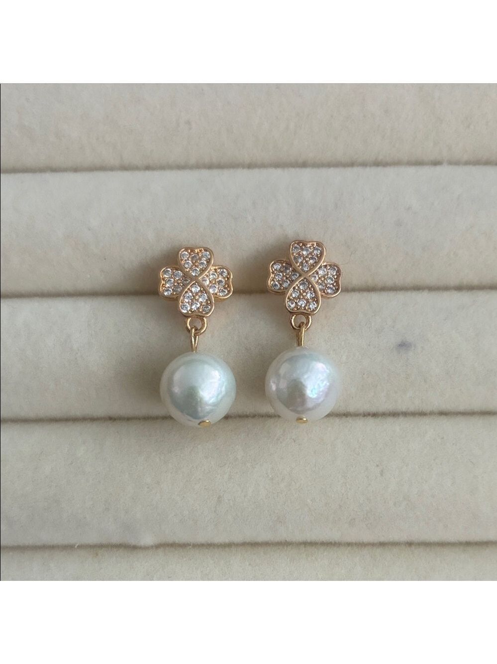 Gold Clover Pearl Drop Earrings | CZ Floral Studs | Feminine Elegant Jewelry